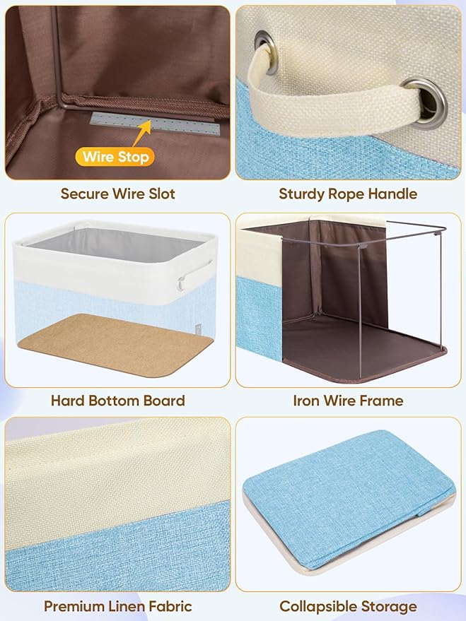 BALEINE 4 Pack Fabric Closet Storage Bins for Shelves, Linen Closet Organizers and Storage, Decorative Baskets for Organizing, Shelf, Clothes, Home, Office (Skyblue, 14''x10''x8.5'')