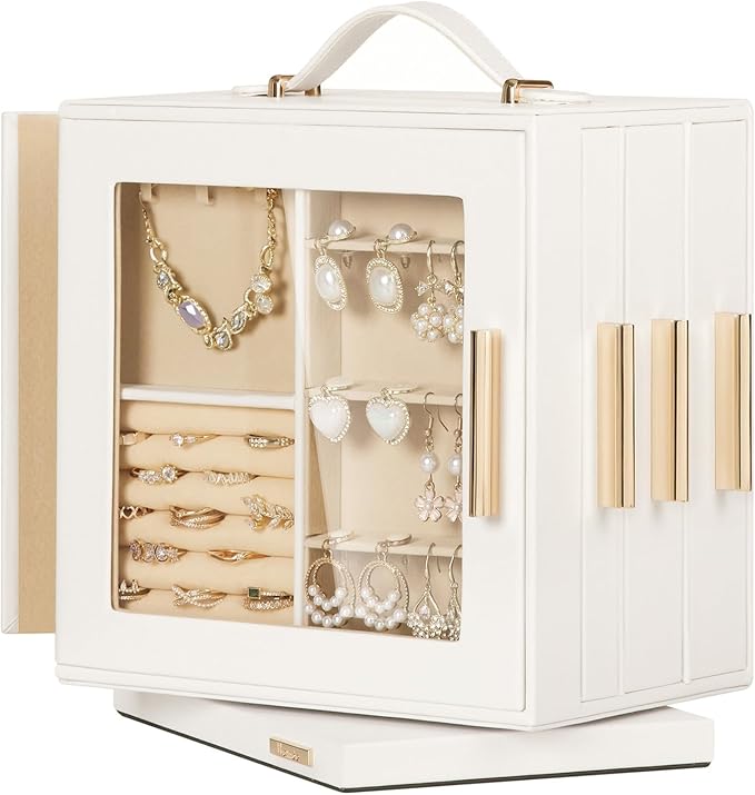 Homde Mothers Day Gifts Jewelry Box 360° Rotating, Necklace Earring Organizer with Transparent Window, Mirror, 7 Drawers, Large Ring Display Storage Case for Girls Women (White)