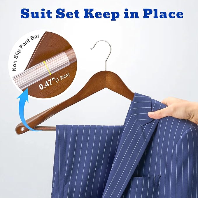 HOUSE DAY Wood Suit Hangers for Men 24 Pack, Smooth Wide Shoulder Wooden Hangers with Non Slip Pant Holder, Wide Hangers for Suits, Coats, Jackets, Heavy Wide Clothes Hanger, Walnut