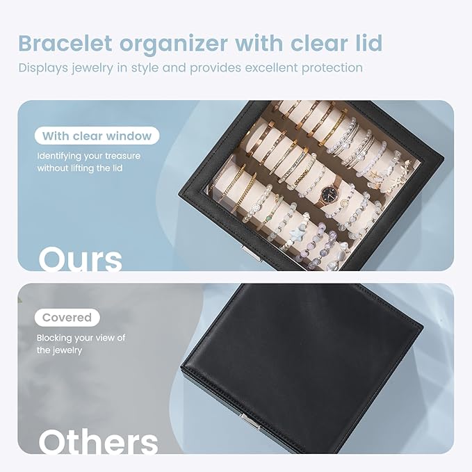 Lolalet Bracelet Display Holder with Rods for Bangles Watches, Clear Lid Jewelry Organizer Box Storage Case for Mothers Day Gifts -Black, 3 Rolls