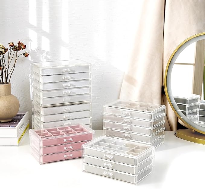 ProCase Earring Holder Organizer Jewelry Box with 3 Drawers, Acrylic Clear Earring Case with Adjustable Velvet Trays for Women - Grey, 3 Layers