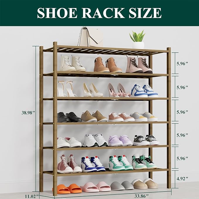 Smiry Shoe Rack, 6 Tier Thick Long Bamboo Shoe Organizer, Stackable Free Standing Wooden Shoe Storage Shelf for Closet, Entryway, Front Door Entrance, Walnut