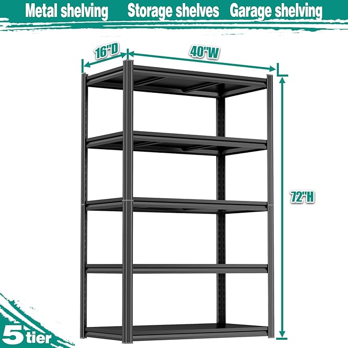 PRESTELION 72" H Storage Shelves Heavy Duty Garage Shelving Unit 5 Tier Metal Shelving Adjustable Storage Rack for Basement, Warehouse, Pantry, Closet, Kitchen 72" H x 40" W x 15.8" D, Black