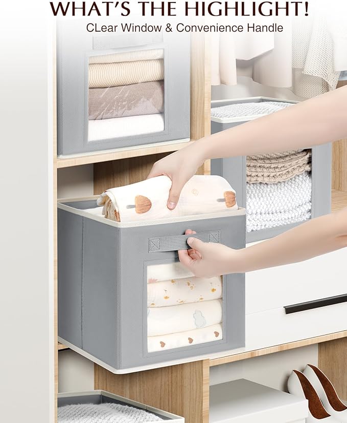 Homsorout Storage Cube 11 Inch - Cube Storage Bins with Window, Closet Storage Baskets with Handle, Fabric Bins for Closet, Shelves, Toys, Clothes, Set of 14, Grey