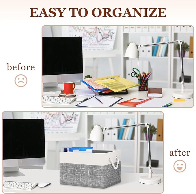 StorageTastic Storage Bin,Collapsible Storage Basket For Organizing,Large Storage Boxes With Rope Handles,Storage Containers,White & Grey,8 Pack