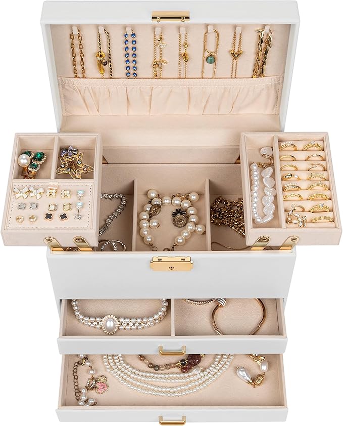 AKOZLIN Travel Jewelry Box Organizer Functional 2-trays Leather Jewelry Storage Case with Lockable Portable 2 Drawers for Women Girls Ring Necklace Earring Bracelet
