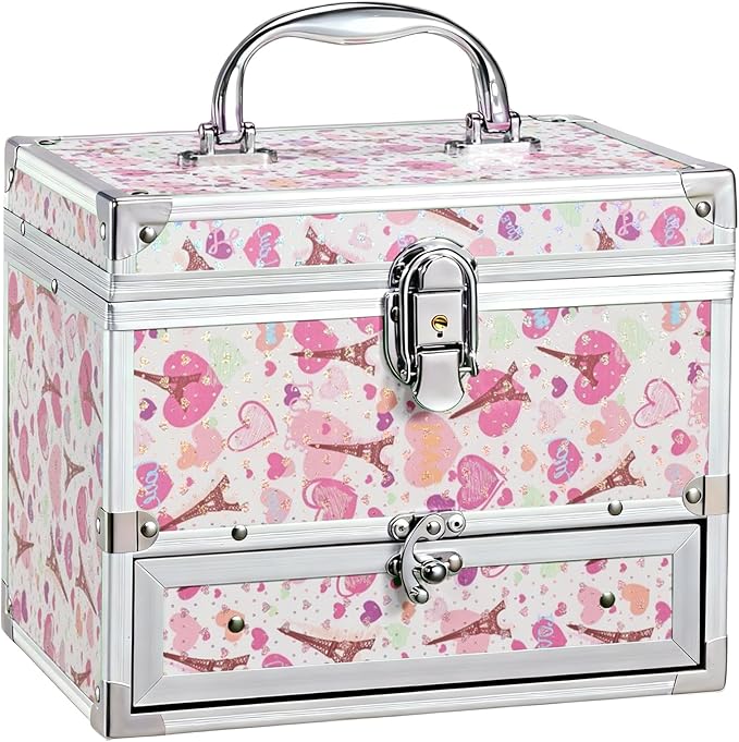 Hododou Girls Jewelry Box Organizer with Drawer & Mirror, Shiny Pink Style Lockable Storage Case for Kid or Little Girls Jewelry and Hair Accessories Pink Tower