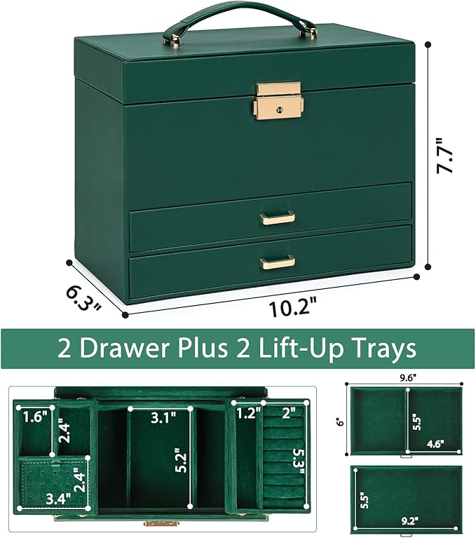 AKOZLIN Travel Jewelry Box Organizer Functional 2-trays Leather Jewelry Storage Case with Lockable Portable 2 Drawers for Women Girls Ring Necklace Earring Bracelet
