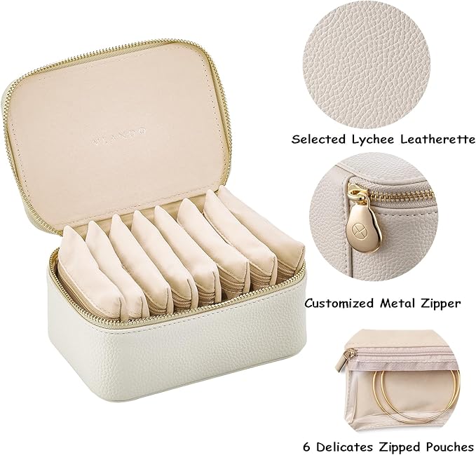 VLANDO Travel Jewelry Box Organizer – Portable PU Leather Jewelry Case with 6/8/12 Zippered Pouches, Compact Storage for Earrings Rings Necklaces Bracelets, Offwhite