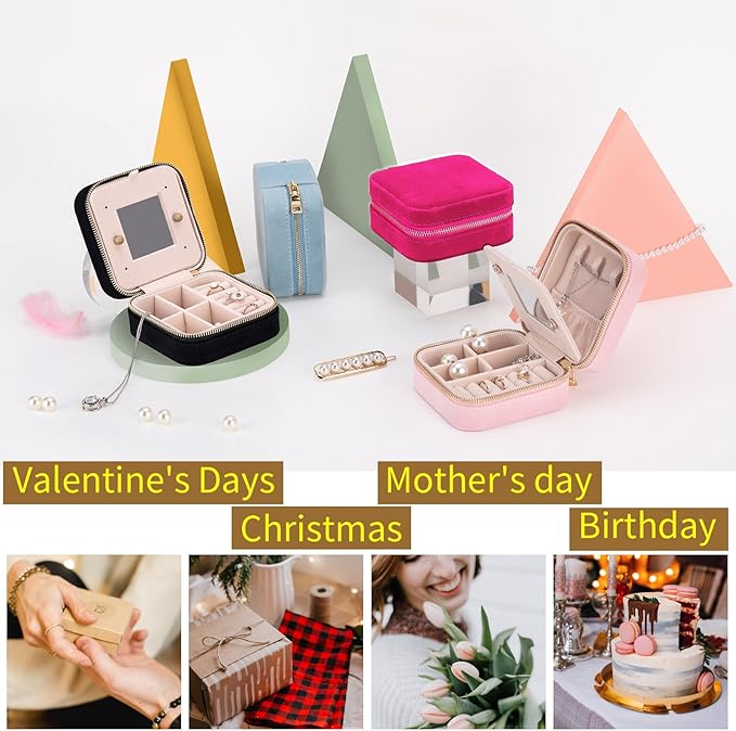 Smileshe Travel Velvet Jewelry Box with Mirror, Mini Gifts Case for Women Girls, Small Portable Organizer Boxes for Rings Earrings Necklaces Bracelets