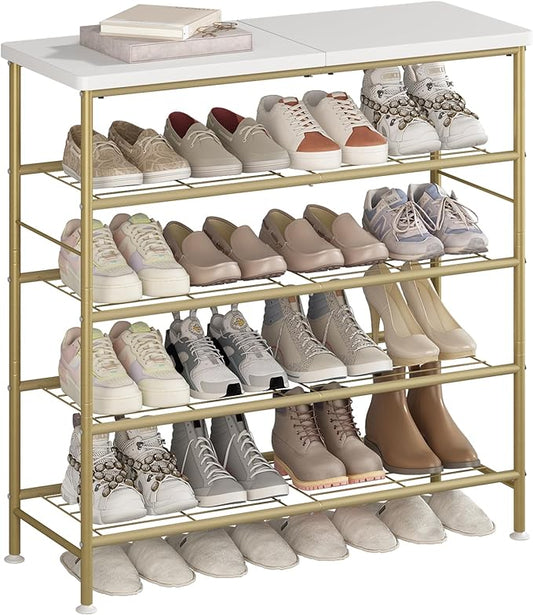 SUOERNUO Shoe Rack Organizer 5 Tier for Closet Entryway Free Standing Metal Storage Shoe Shelf with MDF Top Board，Gold