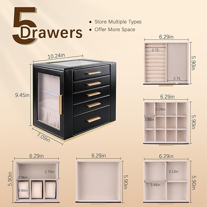 Homeanda Jewelry Box for Women with Glass Lid, 5 Drawers Jewelry Organizer and Storage for Necklaces, Rings, Earrings, Bracelets, Gift for Girls and Teens,PU Leather (Black)