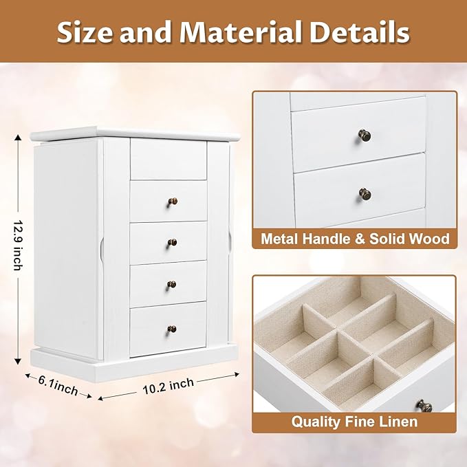Emfogo Jewelry Box for Women, 5 Layer Large Wood Jewelry Boxes & Organizers for Necklaces Earrings Rings Bracelets, Rustic Jewelry Organizer Box with Rattan, Drawers and Mirror(Vintage White)