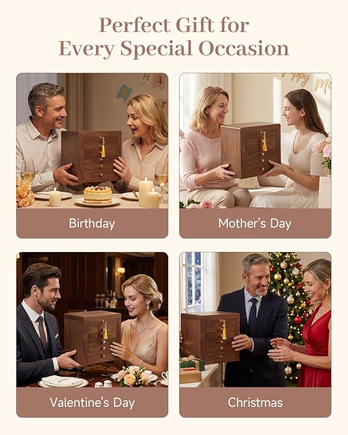 Black Walnut Wooden Jewelry Box Wood Jewelry Organizer with 2 Side Doors Mirror Lockable Classical Style for Watch Necklace Ring Earring Storage Mothers Day Gifts for Mom-5 Layer