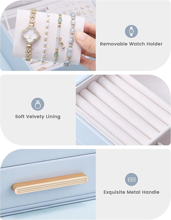 Lolalet 2-Layer Jewelry Box Organizer for Women Girls, Jewelry Storage Case Holder with Drawers for Necklaces Ring Earrings Bracelet Watch, Gifts Choice for Mom Mother’s Day -Blue