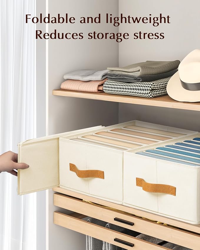 Homsorout Clothes Organizers and Storage - 4/5/7 Grids Fabric Jeans Organizer with Handles, Foldable Closet Organizers Dividers, Wardrobe organizer for Pant, Sweater, T-shirt, Scarf, 3 Pack, Beige