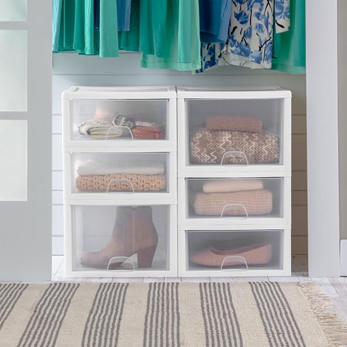 Sterilite 4-Pack Stacking Drawer, Clear Storage Organizer Containers, 27 Quart, White Frame - Stackable and Modular Plastic Drawers for Shoes, Clothes, Accessories, Supplies, Bedding, and Linens