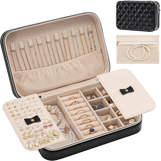 Lolalet Travel Jewelry Case for Women Girls, Travel Jewelry Organizer Box with Mirror & Clear Storage Bag, Small Portable Earring Necklace Bracelet Ring Case, Birthday Valentine Gifts -Medium, Black