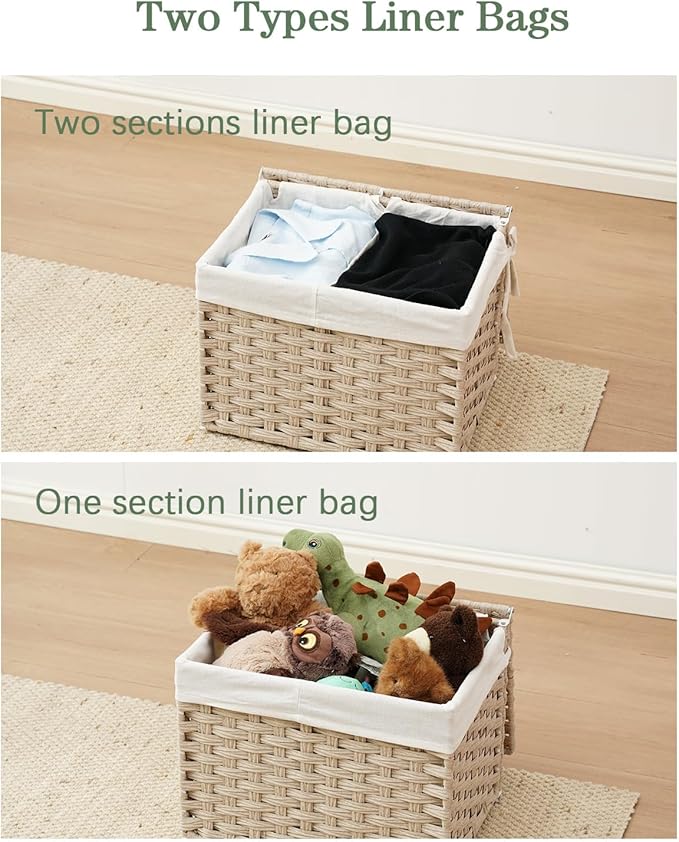 SETVSON Storage Basket with Lid Woven Wicker Baskets with 2 Separate Lid, 9.2 Gallon (35 L) Wicker Storage Bins with Handles, Foldable and 2 Removable Liner Bags for Bedroom, Laundry Room Light Khaki