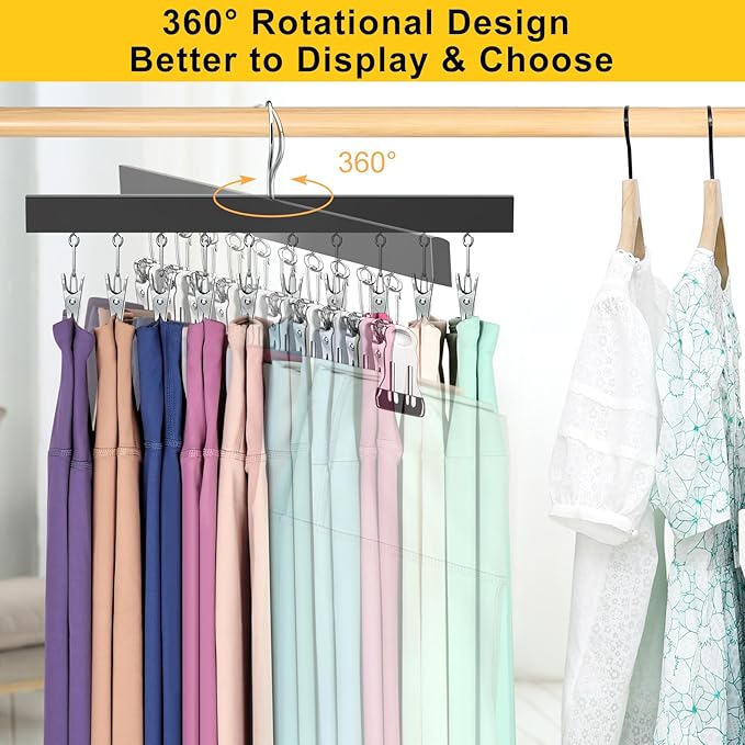 Legging Organizer for Closet, Pants Hangers with Clips Holds 20 Leggings, Jeans, Hats, Shorts, Socks, 360° Rotating Space Saving Hanging Clothes Organizer for Closet Storage 2Pcs