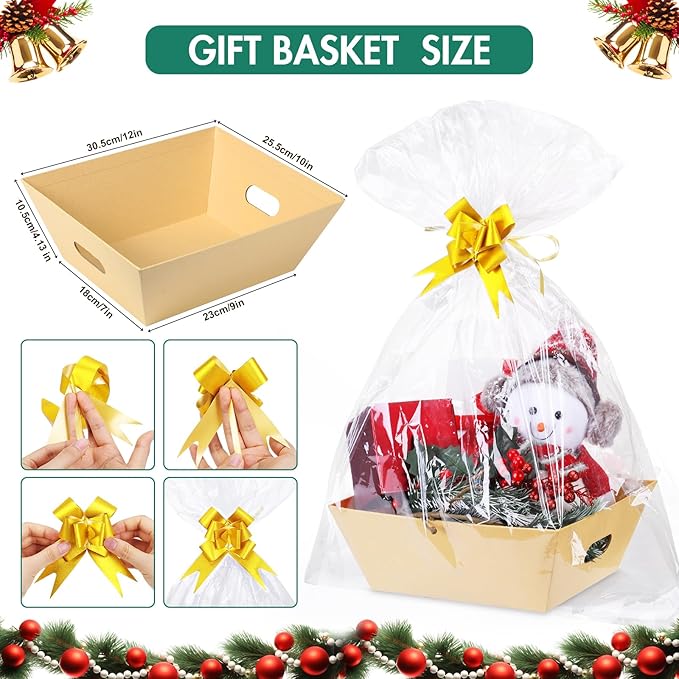AFOROEOA 10PACK Baskets For Gifts Empty, 10x12”Thick Kraft Gift Basket with 10 Bows 10 Bags Empty Gift Baskets for Christmas, Valentine’s Day, Easter, Birthdays, Snacks, Farmers Market