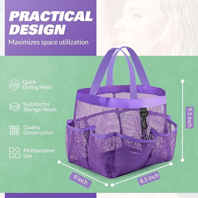 LOYEE Mesh Shower Caddy Portable for College Dorm Room Essentials with 8 Pockets, Shower Bag for Beach, Swimming, Gym, Travel, Bathroom(All purple)