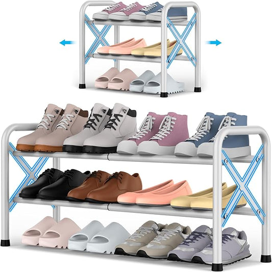 YEASHEIN 2-Tier Expandable Shoe Rack for Closet Floor, X-Frame Metal Small Shoe Rack for Entryway, Adjustable Shoe Shelf Organizer, Free Standing Shoe Racks for Front Door Entrance, Garage - White