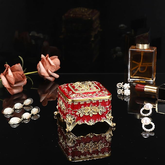 Hipiwe Vintage Metal Jewelry Box - Small Trinket Organizer Ring Box Case with Rose Pattern Jewelry Storage Box for Ring Earrings Necklace, Keepsake Box for Women,Red