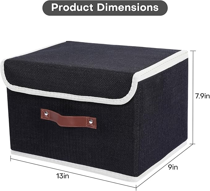 ANMINY 4PCS Storage Bin with Lid Storage Boxes with PU Leather Handles PP Plastic Board Decorative Foldable Lidded Cotton Linen Fabric Home Cubes Baskets Closet Organizer Container - Black, Medium