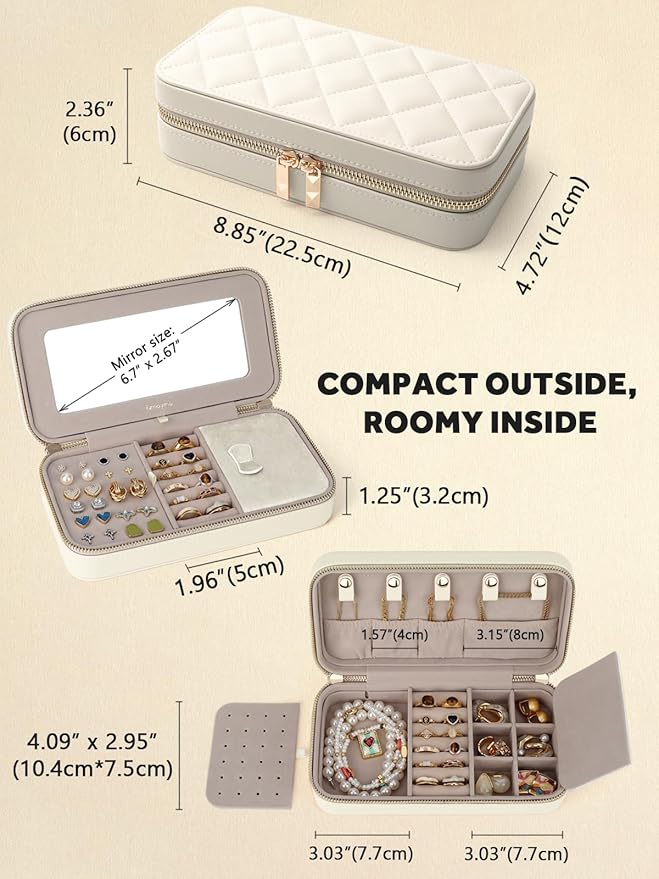 Travel Jewelry Case with Mirror, Quilted Small Jewelry Box Organizer for Women Girls, Portable Earring Necklace Bracelet Ring Holder Storage for Travel Weekend Trips (Beige)