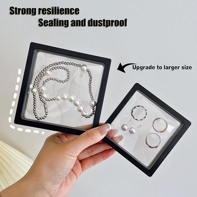 12PCS 3D Floating Frame Display Stand, Jewelry Box, Gift Box, Ornament Organizer, Small Travel Jewelry Box, PE Film Anti-Oxidation, Suspended Display Box Stackable (Black, 4.33 * 4.33)
