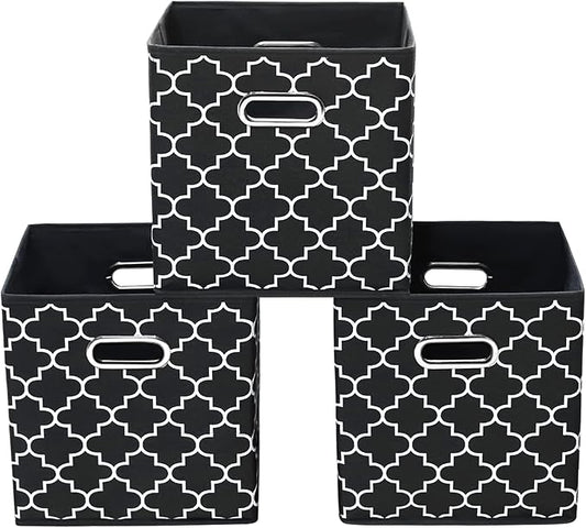 11 Inch Cube Storage Bins , Fabric Cube Organizer Bins with Handle, Foldable Cube Bins for Cloth or Accessary Storage, 11x11x11 Set of 3 (Black Light)