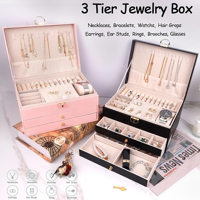 Jewelry Organizer Box for Women, Large Jewelry Organizer with Lock, 3 Tier Storage Box with Velvet Lining, 2 Drawers, Necklace Hooks, Ring Rolls