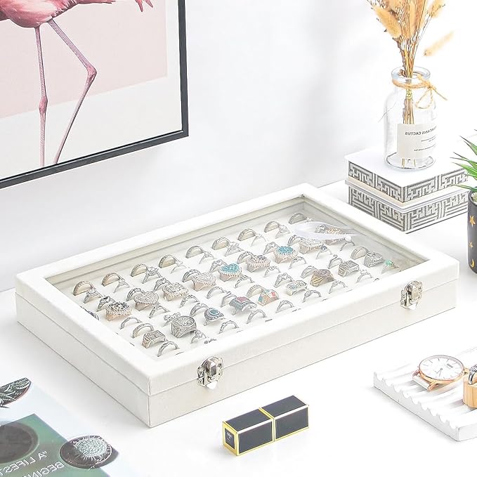 Ring Display Case, Jewelry Organizer Box, Earring Holder for Girls, Velvet Display Tray (Beige, 100 Slots)