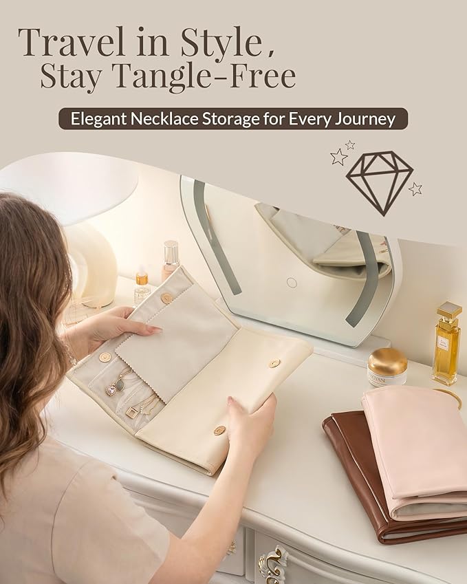 Lolalet Travel Necklace Organizer, Tangle-Free Necklace Case for Travel, Leather Foldable Roll Up Jewelry Storage Bag for Necklaces Chains Bracelets, Mothers Day Gift