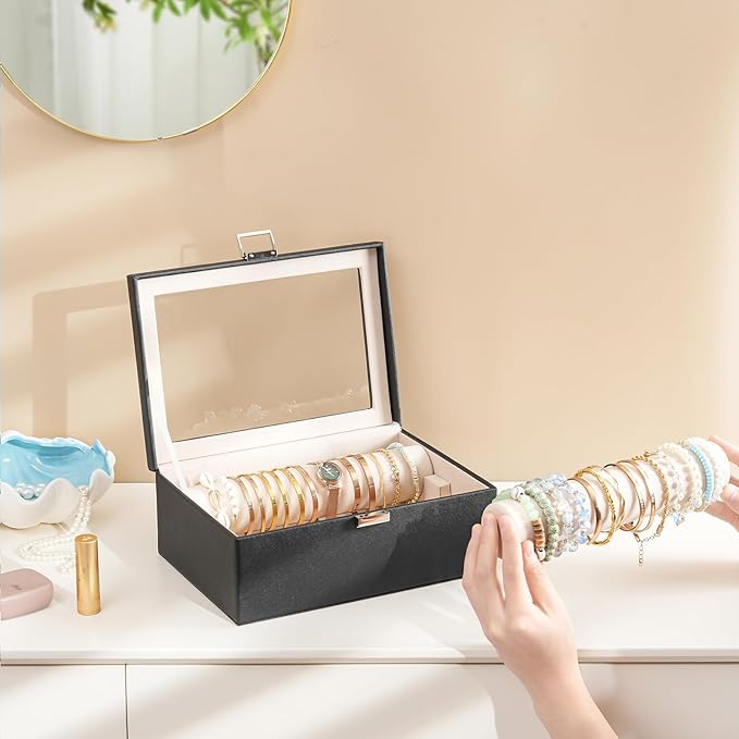 Lolalet Bracelet Display Holder with Rods for Bangles Watches, Clear Lid Jewelry Organizer Box Storage Case for Mothers Day Gifts -Black, 2 Rolls