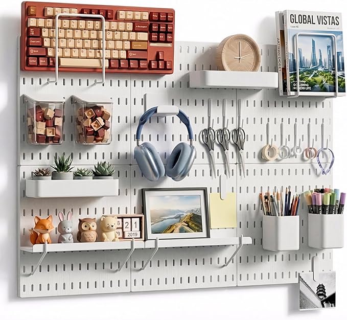 Keepo Peg Board Wall Organizer – Plastic Pegboard Panels, Modular Peg Board Storage System for Home Office, Craft Room, Gaming Setup (White, 33″×22″)