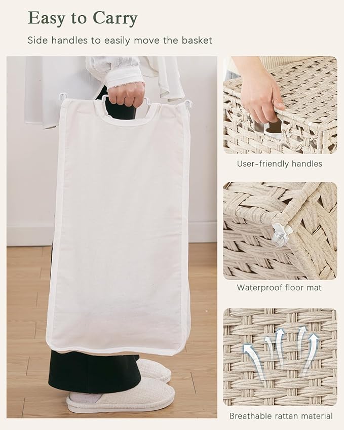 SETVSON Laundry Hamper with Lid Wicker Laundry Basket 112 L (29.6 Gal) Laundry Hampers Handwoven Rattan Clothes Hamper with Handles 3 Removable Liner Bag, 6 Mesh Bags for Bathroom Bedroom Light Khaki