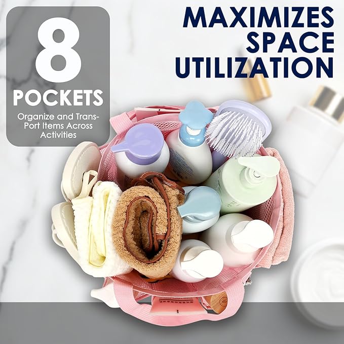GYEUKHAM Large Mesh Shower Caddy Portable with 8-Pocket for College Dorm Room Essentials,Quick-Dry Handing Shower Basket Tote Bag for Toiletry, Bathroom,Beach,Camp,Gym,Pink