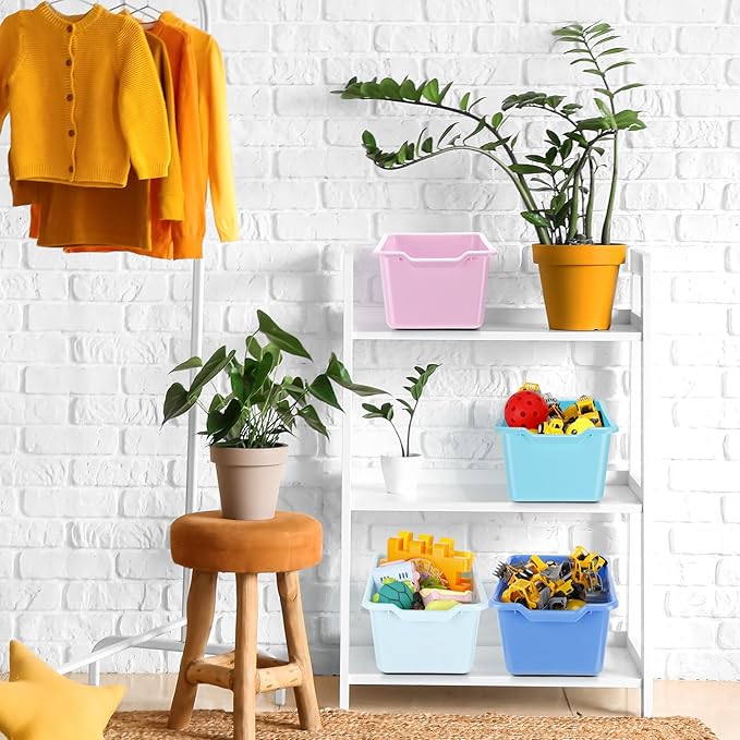Dandat 16 Pcs Plastic Book Bins for Classroom Library Cubby Bins Scoop Front Stackable Toy Storage Tubs Containers for School Office Home Nursery Playroom Organization(Pastel Color)