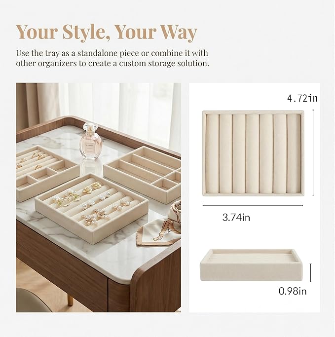 Ring Tray for Jewelry Storage Small Velvet Organizer Box with Inserts Dividers and Slots Mini Jewelry Display Trays with Earring Holder Insert Stackable Trays for Rings and Accessories