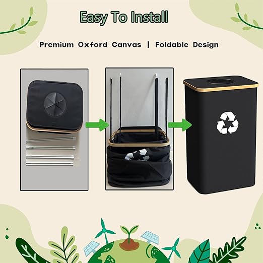 Recycling Bin Kitchen Indoor Home 40 Gallon 156L Recycle Bin with Lid 2 Removeable Reusable Inner Bag Bottle Can Glass Waste Plastice,Big Black