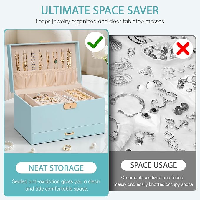 AKOZLIN Travel Jewelry Box Organizer Functional 2-trays Leather Jewelry Storage Case with Lockable Portable Drawer for Women Girls Ring Necklace Earring Bracelet