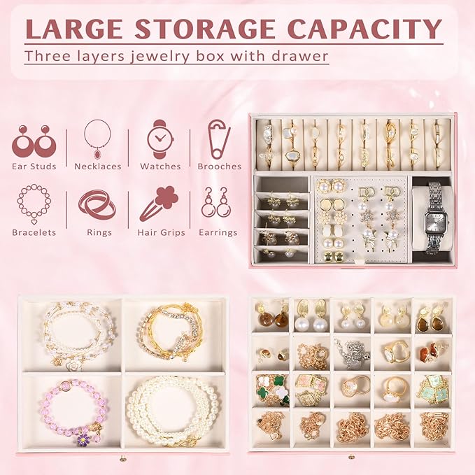 3 Layer Jewelry Boxes Large Jewelry Holder Organizer Case with 2 Jewelry Organizer Drawer PU Necklace Organizer Lockable Upgrade Mirror Gifts for Women, Pink