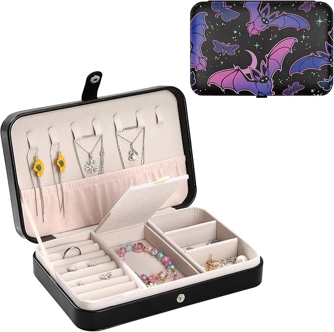 Halloween Basket Stuffers Bat Black Leather Jewelry Travel Case Personalized Jewelry Box for Women Men Girls Boys Portable Jewellery Storage Travel Earring Organizer Ring Case Box Bracelet