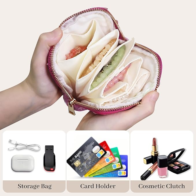 Stratalife Jewelry Travel Case - Small Jewelry Pouch for Bracelets Necklace Bangles Healing Crystal, Portable Earring Ring Organizer for Traveling with Zipper Gift for Women, Rose Pink