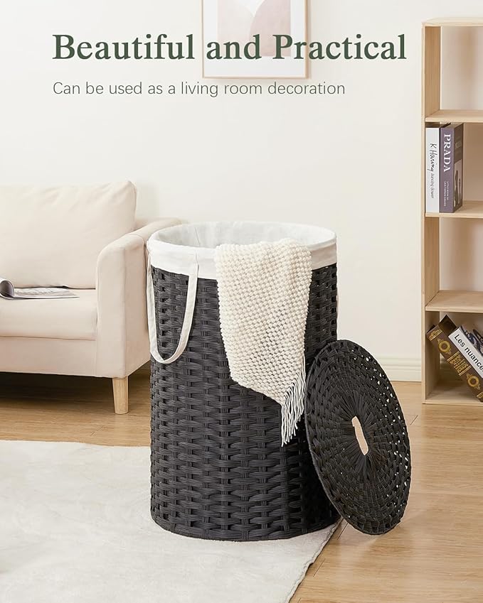 SETVSON Large Laundry Hamper Laundry Basket Round 34.3 Gal (130 L) Handwoven Wicker Laundry Baskets Rattan Laundry Basket with Laundry Bag Handles 2 Mesh Bags for Living Room Bedroom Black