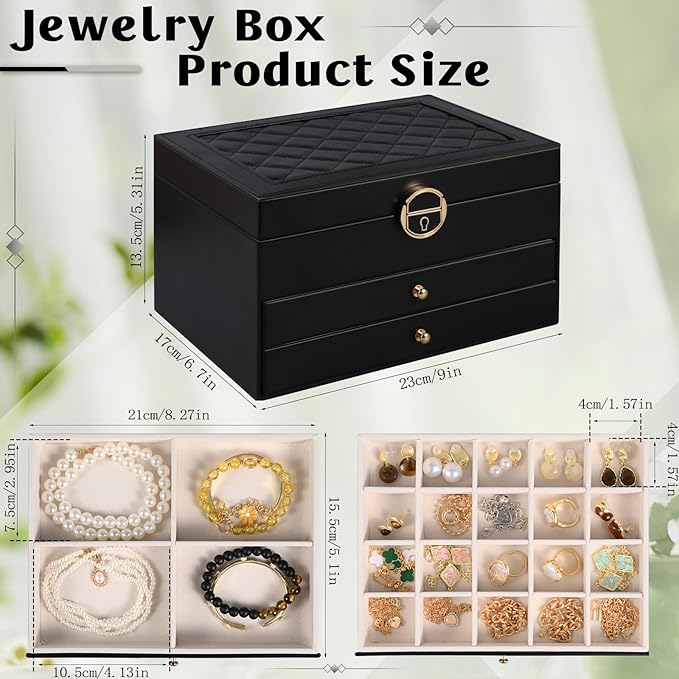 3 Layer Jewelry Boxes for Women with Mirror Large Jewelry Holder Organizer with 2 Jewelry Organizer Drawer PU Lockable Elegant Unique Gifts for Women, Black