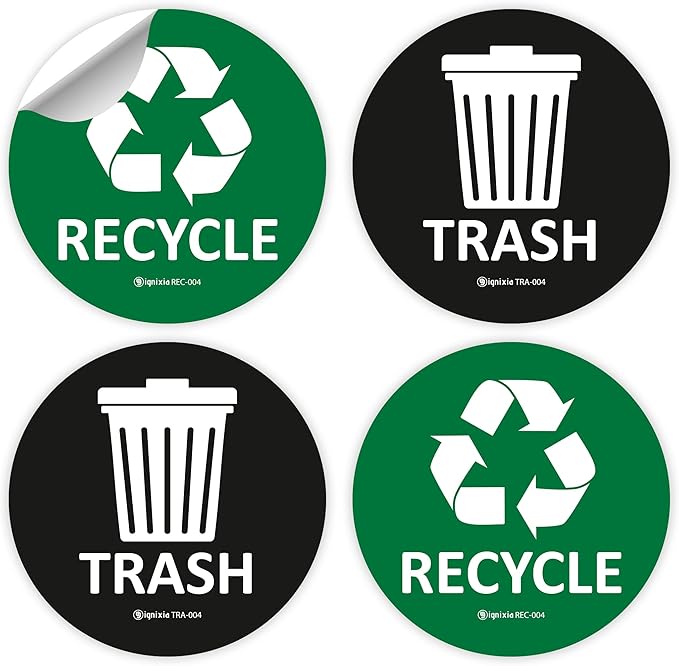 IGNIXIA (Pack of 04) Recycle & Trash Stickers Indoor & Outdoor Trash Bin Decals Recycle & Trash Symbols Sticker 4 X 4 Inches Self Adhesive Peel & Stick (Green/Black)
