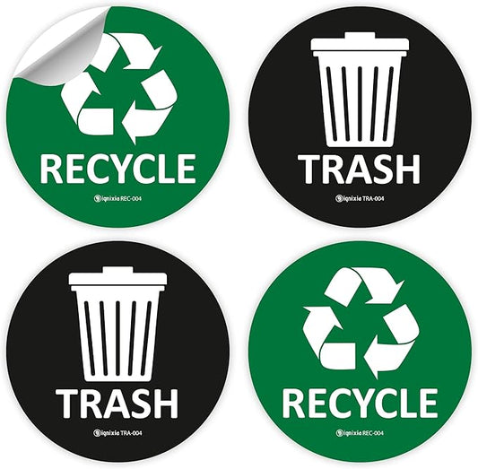 IGNIXIA (Pack of 04) Recycle & Trash Stickers Indoor & Outdoor Trash Bin Decals Recycle & Trash Symbols Sticker 4 X 4 Inches Self Adhesive Peel & Stick (Green/Black)